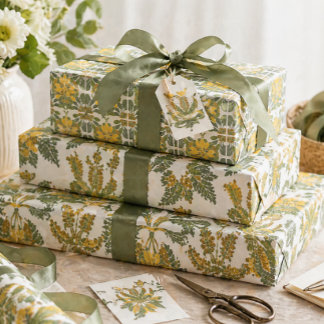 Kombinierte Florale Vintage Botanische Gelb Grün Geschenkpapier Set