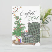 Komfortable Weihnachts Cat Comfort & Joy Holiday C Dankeskarte (Stehend Vorderseite)