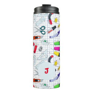 Komisches Design mit Schulbedarf. Benutzerdefinier Thermosbecher