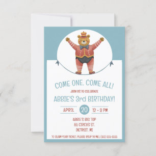 Komm eins, komm alle! Circus Bear Birthday Party Einladung
