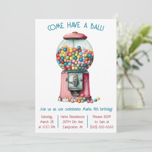 Komm, mach einen Ball! Retro Bubble Gum Birthday P Einladung (Stehend Vorderseite)