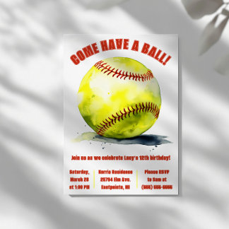 Komm, mach einen Ball! Softball-Geburtstagsparty Einladung