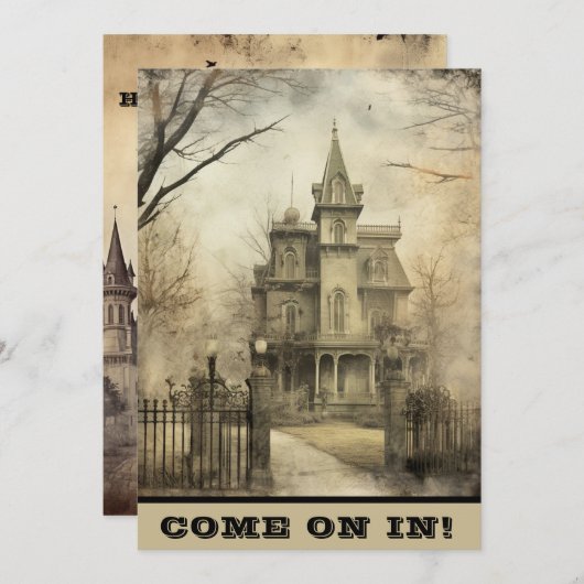 Kommen Sie in das Spuk Herrenhaus-Halloween-Party Einladung (Vorne/Hinten)