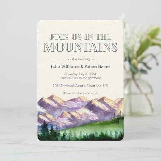 Kommen Sie mit uns in die Berge | Rustikale Hochze Einladung (Stehend Vorderseite)