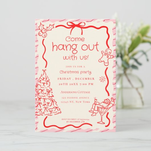 Kommen Sie zum Whimsical Red Pink Christmas Party Einladung (Stehend Vorderseite)