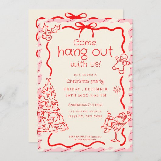 Kommen Sie zum Whimsical Red Pink Christmas Party Einladung (Vorne/Hinten)