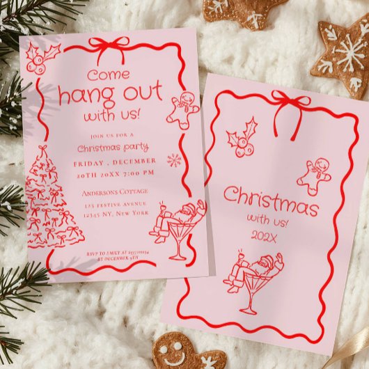 Kommen Sie zum Whimsical Red Pink Christmas Party Einladung