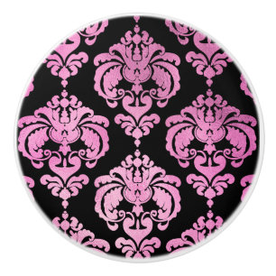 Kommode im eleganten Damast-Stil in Rosa und Schwa Keramikknauf