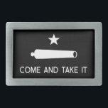 Kommt es Flagge ~ Texas nehmen Rechteckige Gürtelschnalle<br><div class="desc">Kommt ihr Flagge in Schwarzweiss vom Texas-Revolutions-Kampf von Gonzales 1835 und vom Motto für Gewehr-Kontrolle über dem USA nehmen alias die USA</div>