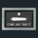 Kommt es Flagge ~ Texas nehmen Rechteckige Gürtelschnalle<br><div class="desc">Kommt ihr Flagge in Schwarzweiss vom Texas-Revolutions-Kampf von Gonzales 1835 und vom Motto für Gewehr-Kontrolle über dem USA nehmen alias die USA</div>