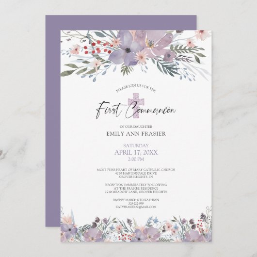 Kommunalfarben-Wildblumen Lila Einladung (Vorne/Hinten)