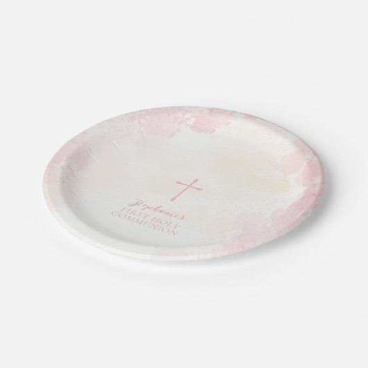 Kommune Blume Rosa Wasserfarben Pappteller (Schrägansicht)