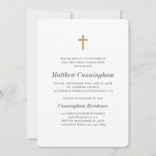 Kommune Boy Minimalistisch mit Imitaten Gold Cross Einladung (Vorderseite)