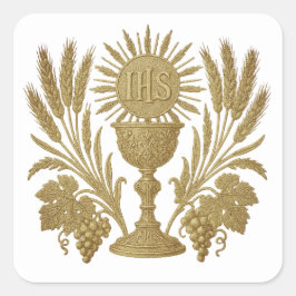 Kommune IHS Chalice Wheat Trauben Eucharistisch Quadratischer Aufkleber