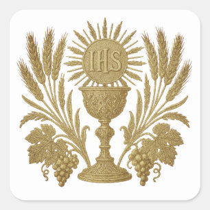 Kommune IHS Chalice Wheat Trauben Eucharistisch Quadratischer Aufkleber