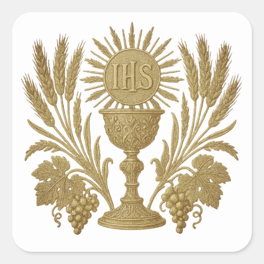 Kommune IHS Chalice Wheat Trauben Eucharistisch Quadratischer Aufkleber (Vorderseite)