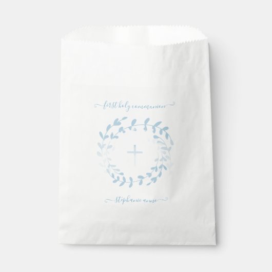 Kommunion Blauer Kranz und Kreuz Geschenktütchen (Vorderseite)