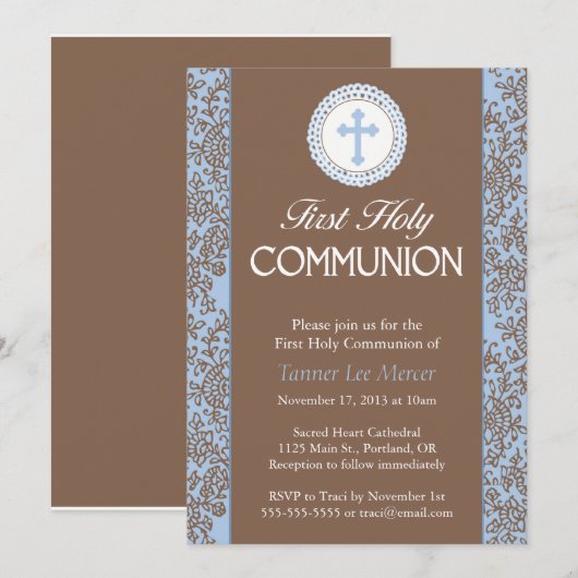 Kommunion Blue-Blätter Einladung (Vorne/Hinten)