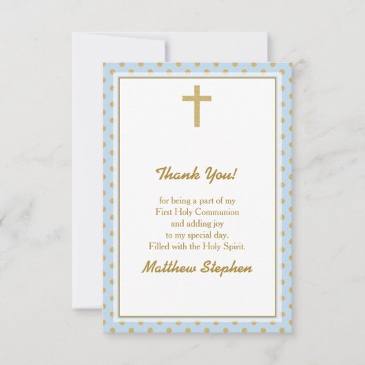 Kommunion Blue mit Gold Polka Dots Einladung (Vorderseite)