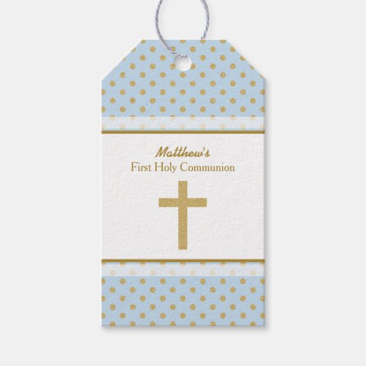 Kommunion Blue mit Gold Polka Dots Geschenkanhänger (Vorderseite)