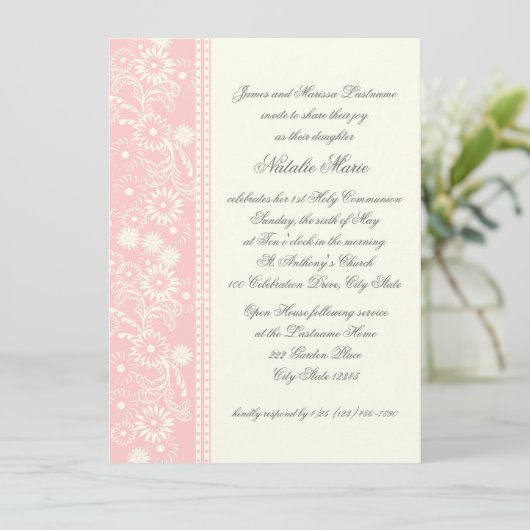 Kommunion Daisy Pink Einladung (Stehend Vorderseite)