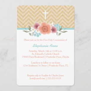 Kommunion Floral Swag in Gold und Aqua Einladung