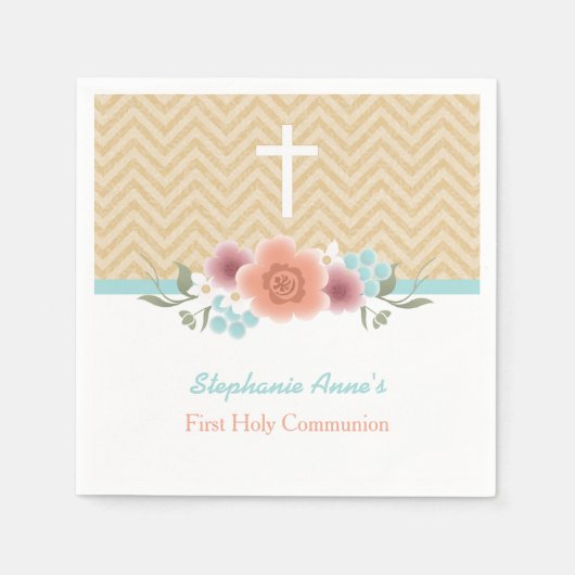 Kommunion Floral Swag in Gold und Aqua Serviette (Vorderseite)