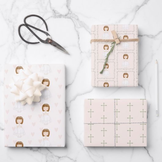 Kommunion Girl Praying Geschenkpapier Set (Vorderseite)