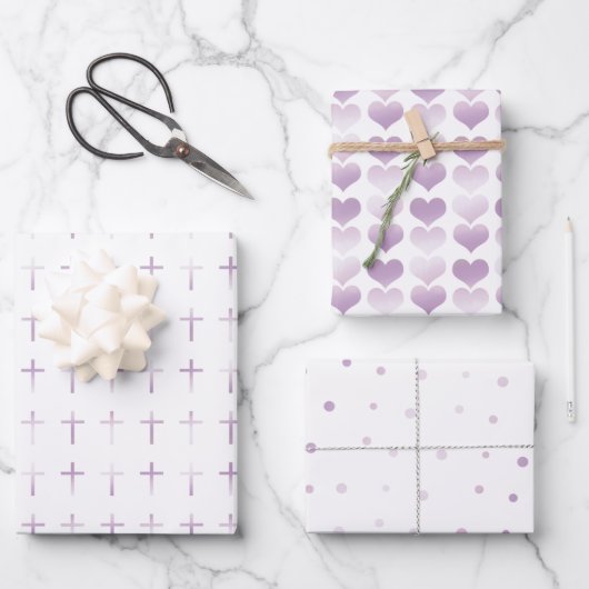 Kommunion Lavender Cross Hearts and Dots Geschenkpapier Set (Vorderseite)