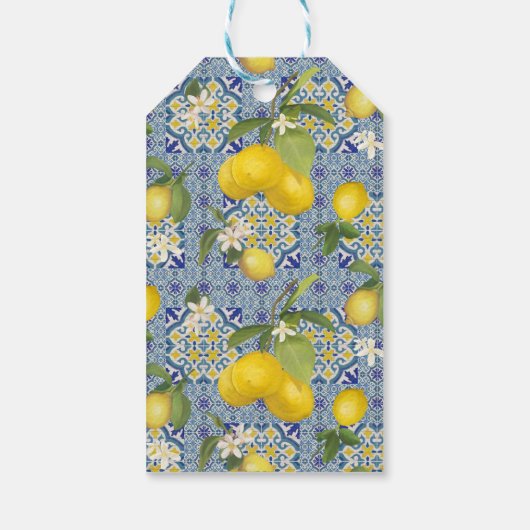 Kommunion Lemon Floral Citrus Foliage Blue Geschenkanhänger (Rückseite)