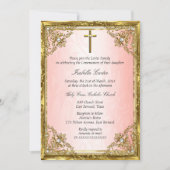 Kommunion Pink Gold Beige Perle Damaskus Kreuz Einladung (Vorderseite)