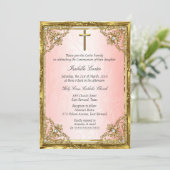 Kommunion Pink Gold Beige Perle Damaskus Kreuz Einladung (Stehend Vorderseite)