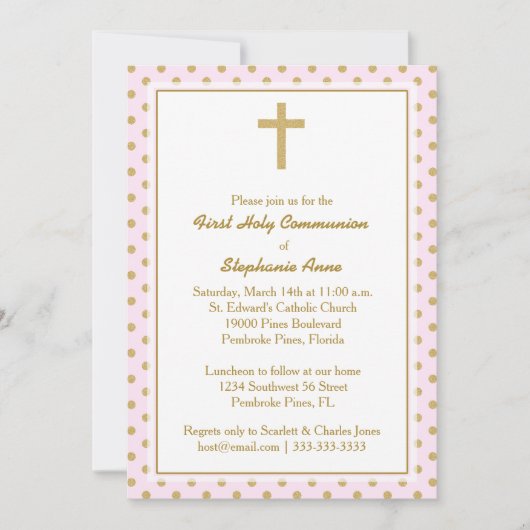 Kommunion Pink mit Gold Polka Dots Einladung (Vorderseite)