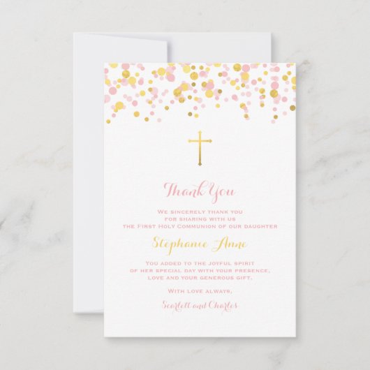 Kommunion Pink und Gold Confetti Dankeskarte (Vorderseite)