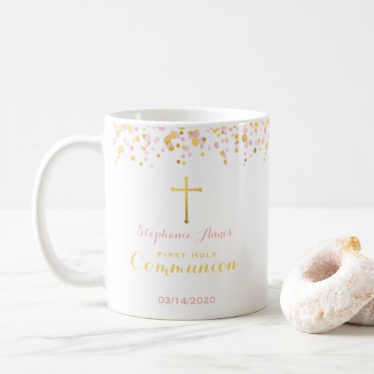 Kommunion Pink und Gold Confetti Kaffeetasse (Mit Donut)