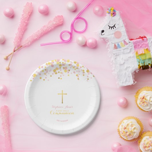 Kommunion Pink und Gold Confetti Pappteller (Party)