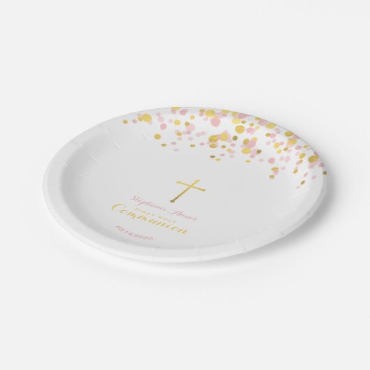 Kommunion Pink und Gold Confetti Pappteller (Schrägansicht)