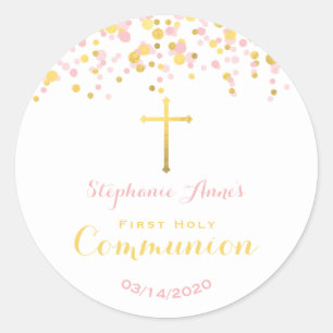Kommunion Pink und Gold Confetti Runder Aufkleber