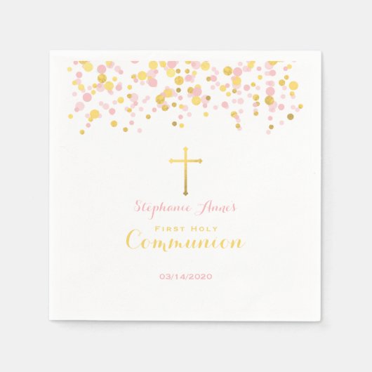 Kommunion Pink und Gold Confetti Serviette (Vorderseite)