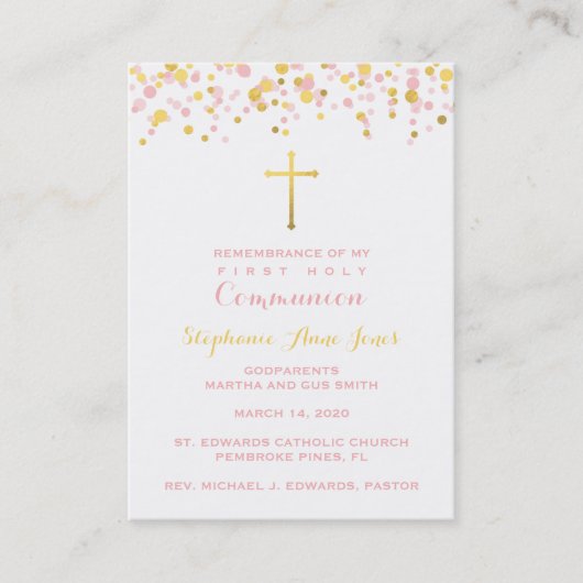 Kommunion Pink und Gold Confetti Visitenkarte (Vorderseite)