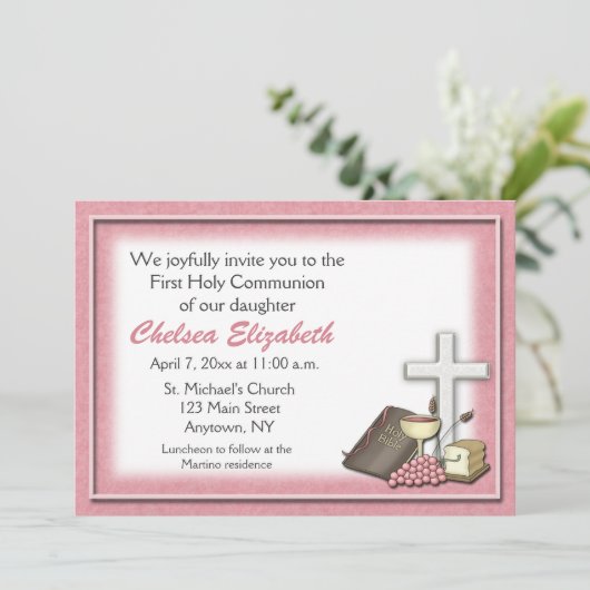 Kommunion Rosa Einladung (Stehend Vorderseite)