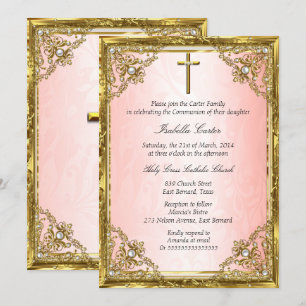 Kommunion Rosa Gold Beige Perle Damast Kreuz Einladung