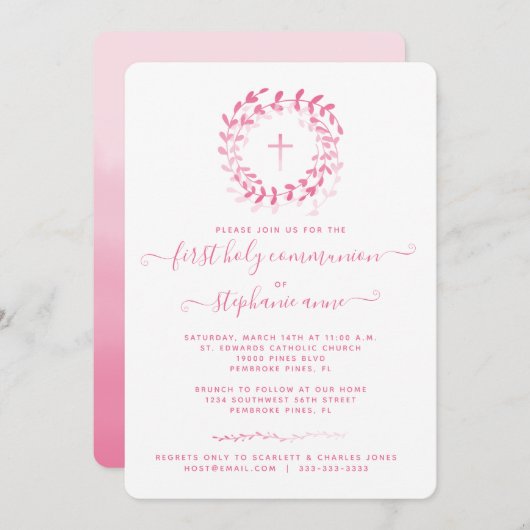 Kommunion Rosa Kranz und Kreuz Einladung (Vorne/Hinten)