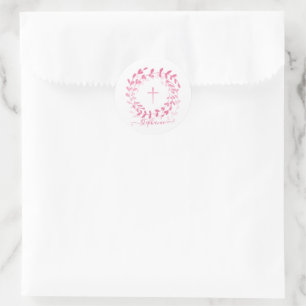 Kommunion Rosa Kranz und Kreuz Runder Aufkleber