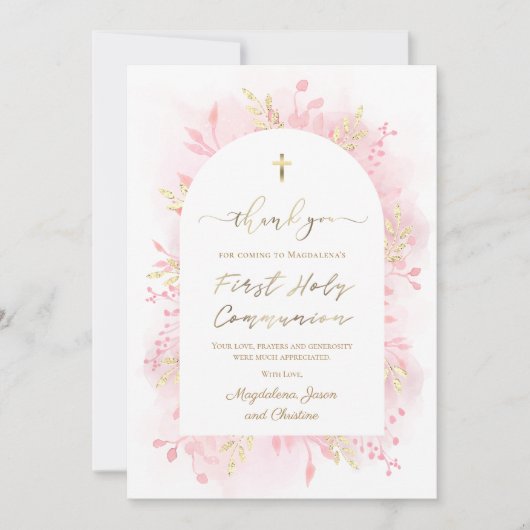 Kommunion rosa Wasserfarbenfolien Dankeschön Karte (Vorderseite)