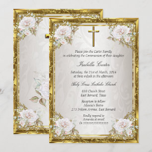 Kommunion Roségold Beige Perle Damast Kreuz Einladung