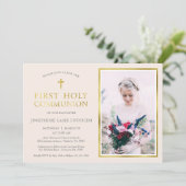 Kommunion über klassische Champagner- und Gold-Fot Einladung (Stehend Vorderseite)