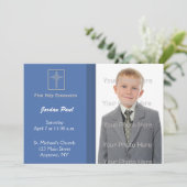 Kommunionblau mit Streifen Einladung (Stehend Vorderseite)
