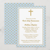 Kommunions-Blau mit GoldTupfen Einladung (Vorne/Hinten)