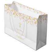 Kommunions-Rosa und GoldConfetti Große Geschenktüte (Vorderseite Schrägansicht)